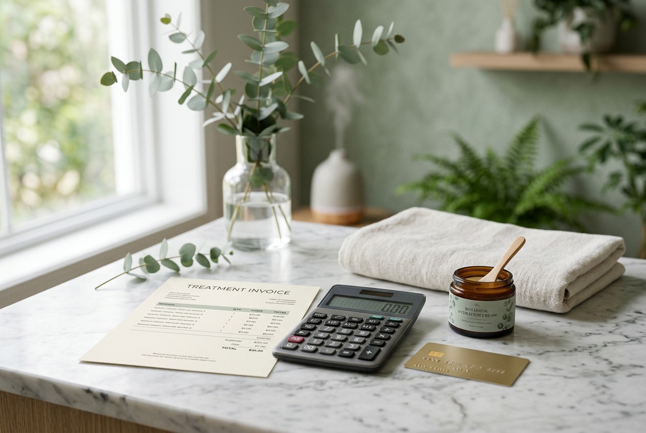 med spa still-life featuring a neatly itemized blank invoice beside a calculator, payment card, skincare jar, and folded warm