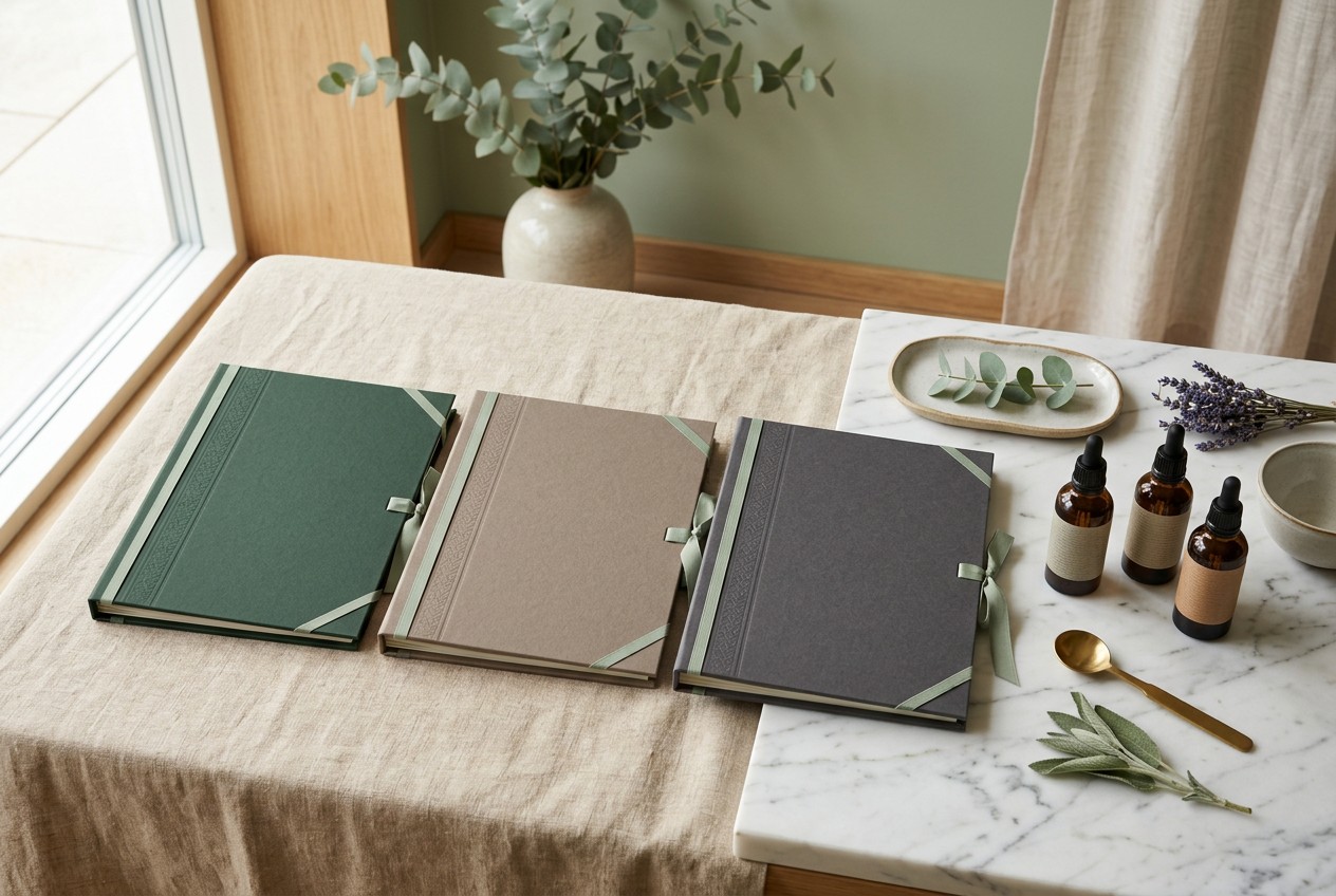 flat-lay of three elegant skincare consultation folders arranged side by side on warm linen beside marble, peel solution bott