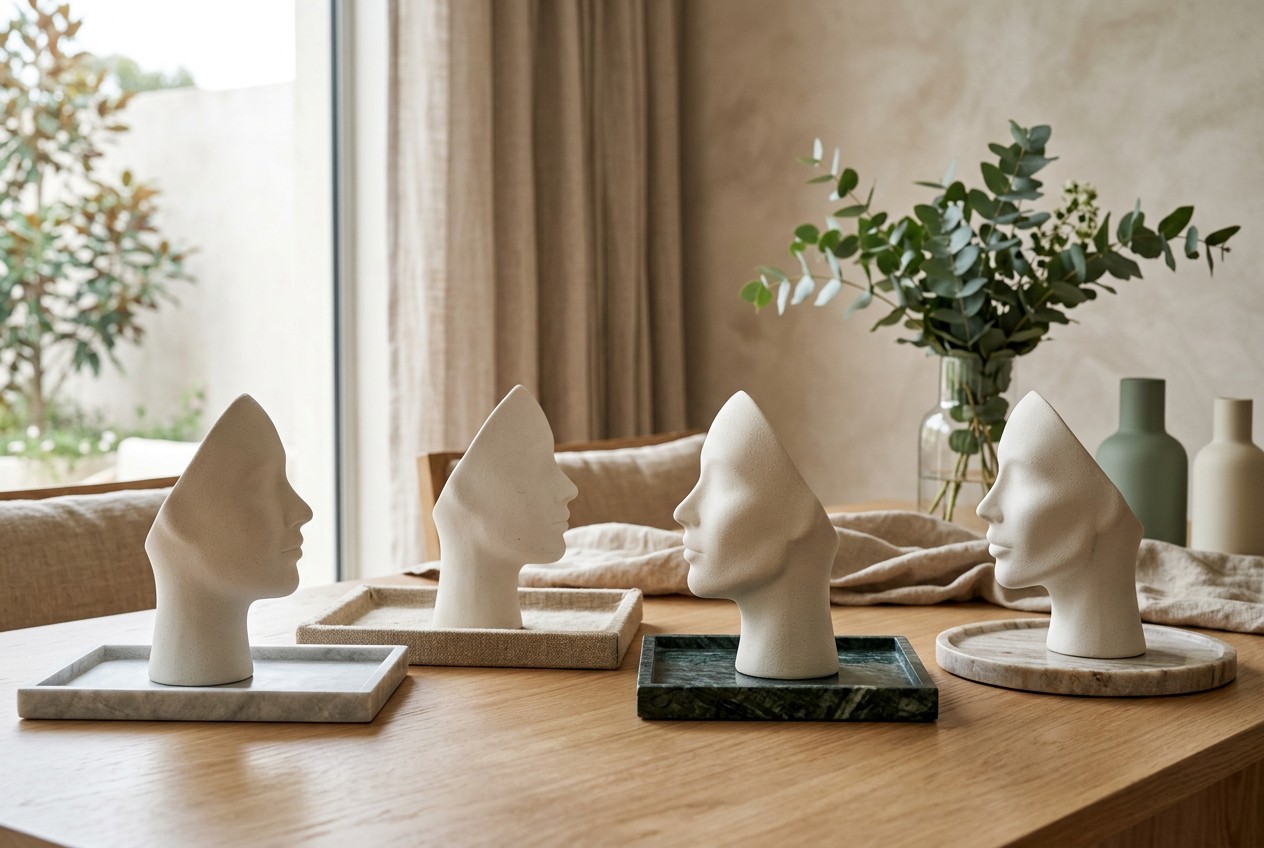 med spa consultation still-life featuring four elegant ceramic profile sculptures with subtly different chin and jaw contours