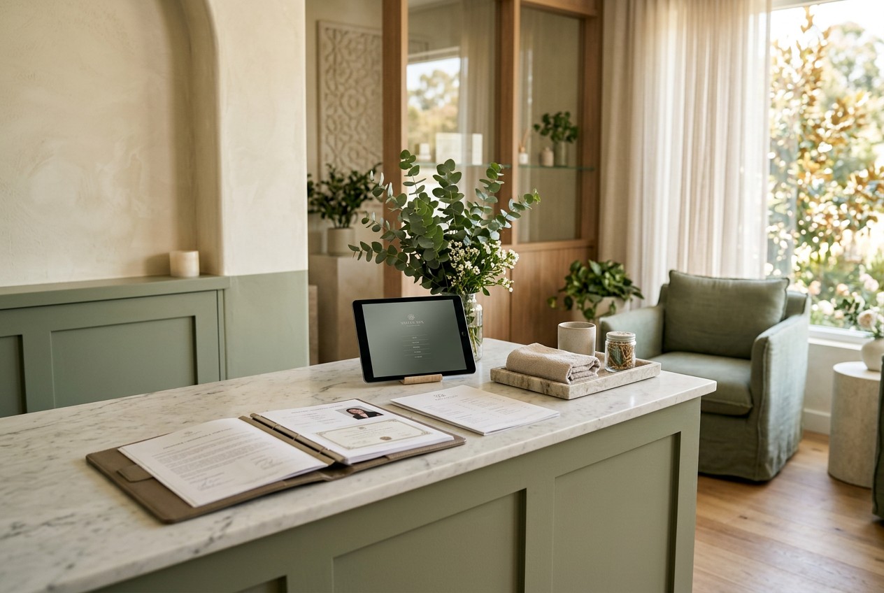 consultation scene in a reputable medical spa: serene reception desk with an open provider credentials portfolio, neatly orga