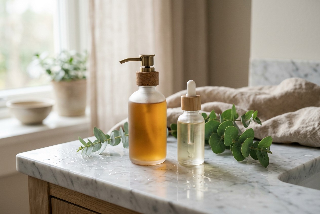 Marble spa vanity in soft natural window light, two glass skincare bottles side by side - one larger and fuller, one smaller