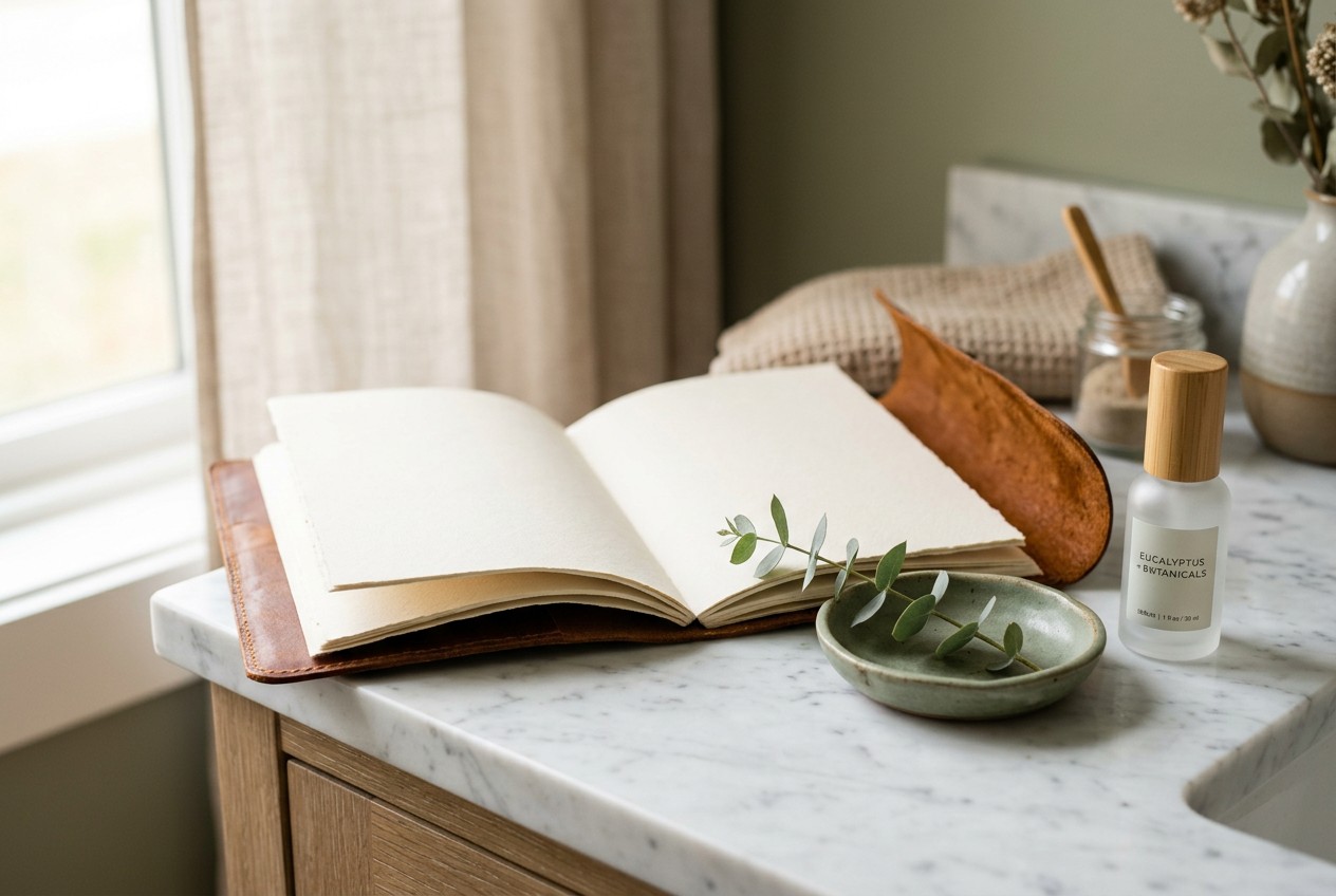 A serene med spa vignette on a marble countertop: an open leather-bound folio with blank cream pages beside a small ceramic d