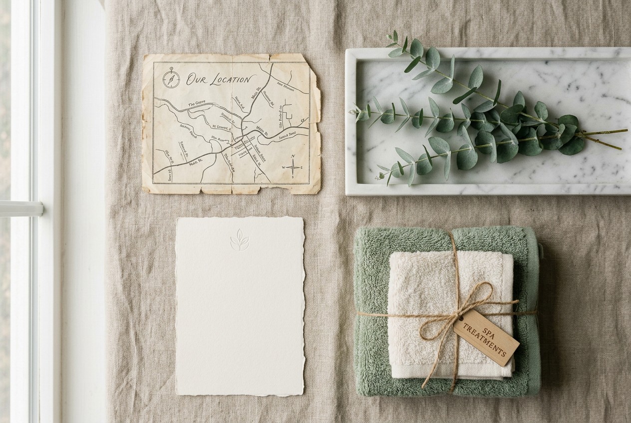 A flat-lay of four distinct elements on warm linen: a small map fragment, a marble tray with sage eucalyptus sprigs, an elega