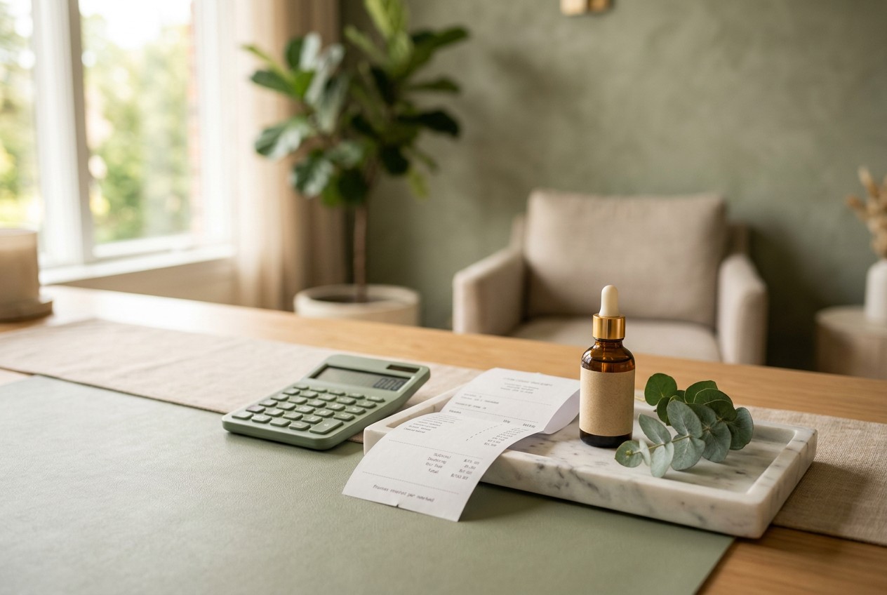 A softly lit med spa consultation desk in sage green and warm linen tones: an itemized paper receipt beside a marble tray, fo