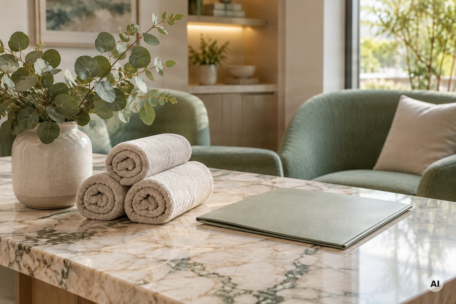 med spa still-life: four neatly rolled warm linen towels beside a closed unmarked treatment package folder on a marble - AI-generated image