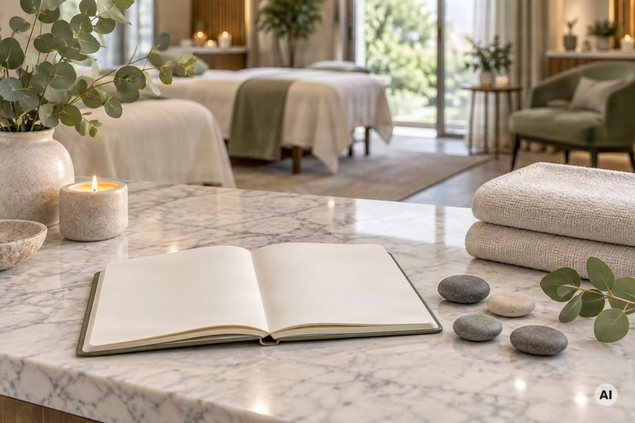 med spa consultation still-life: a blank appointment planner, four smooth stones representing sessions - AI-generated image
