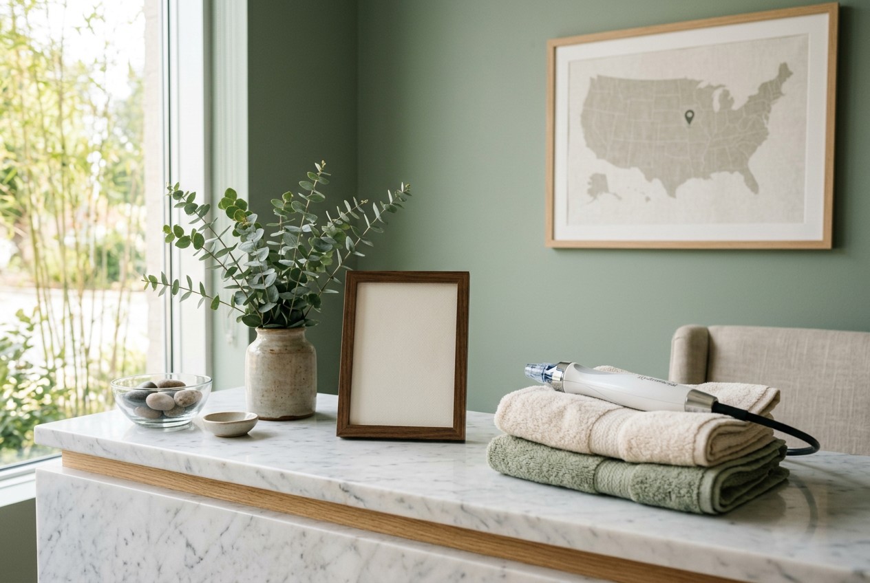Serene med spa consultation corner: a marble reception counter with a price card left blank, a small potted eucalyptus, and a