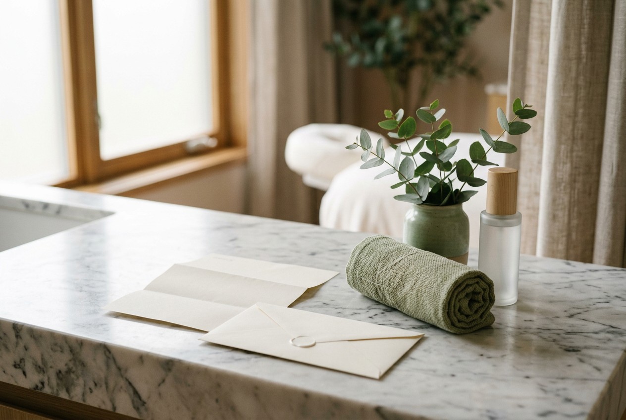 Serene med spa still-life on a marble vanity: an unopened billing envelope and a folded paper invoice resting beside a rolled