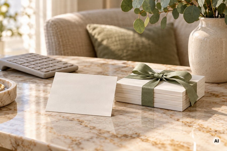 med spa consultation still-life: one blank appointment card beside a neatly stacked bundle of five matching cards tied with - AI-generated image