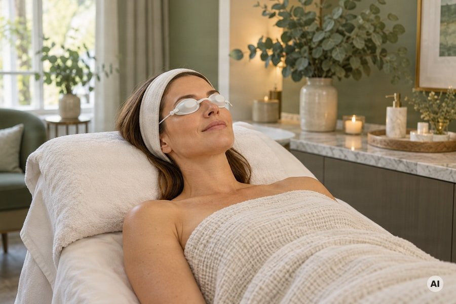 med spa lifestyle photograph of a relaxed woman reclining before an IPL photofacial - AI-generated image