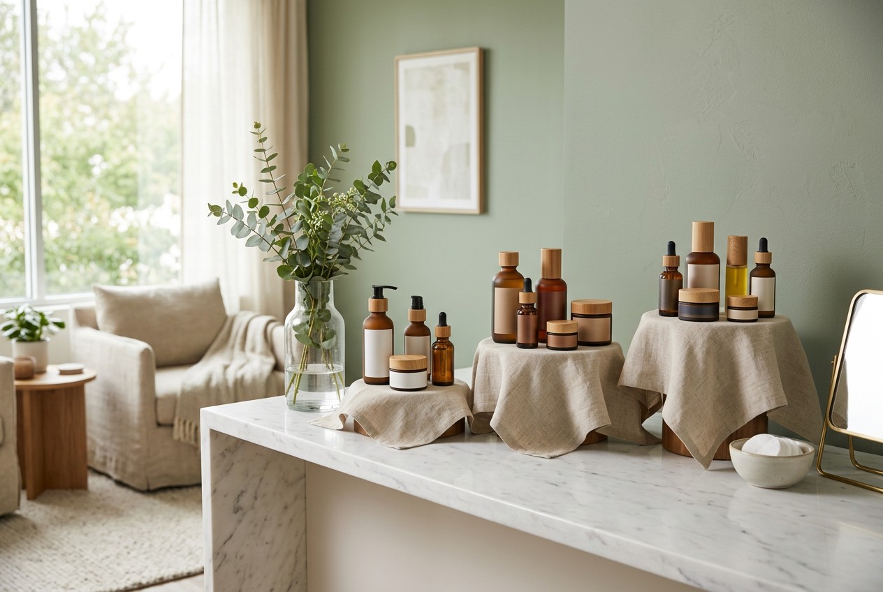 A serene med spa consultation lounge with three distinct arrangements of premium skincare products on a white marble counter