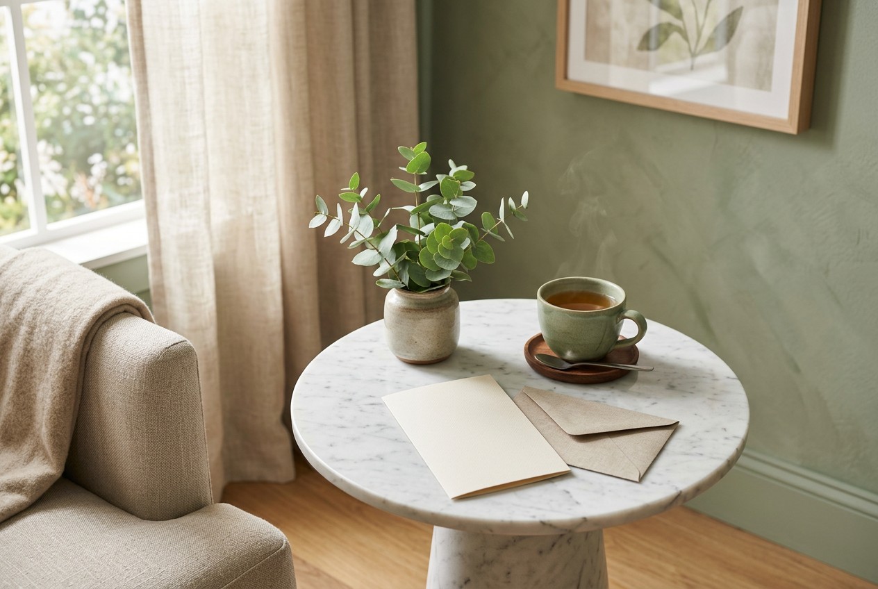 A serene med spa consultation lounge: a marble side table with a printed treatment menu card face-down beside a linen envelop