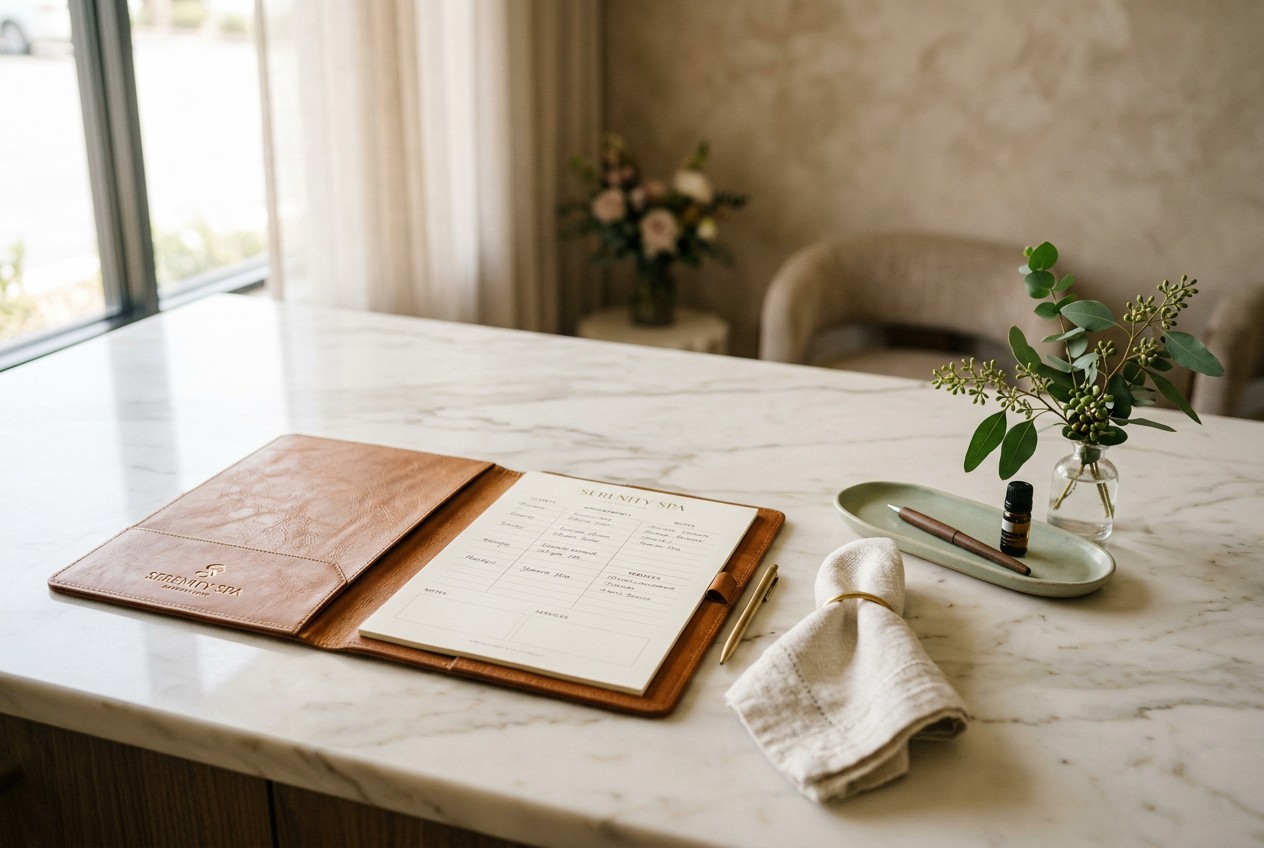 A serene med spa reception detail: a marble countertop with an open leather-bound folder and a folded linen napkin, softly or