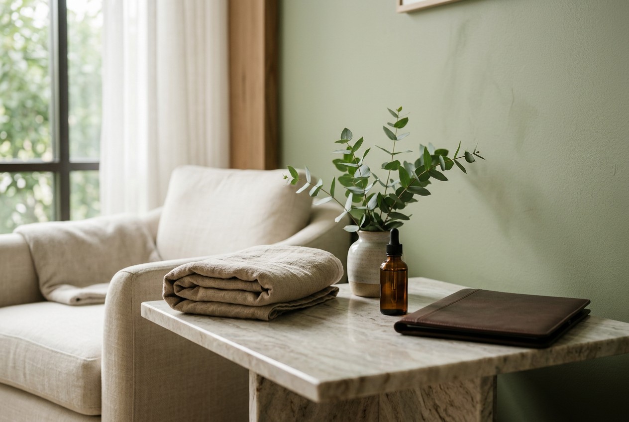 A serene med spa consultation corner: a marble side table holding a folded warm linen towel, a small potted eucalyptus sprig