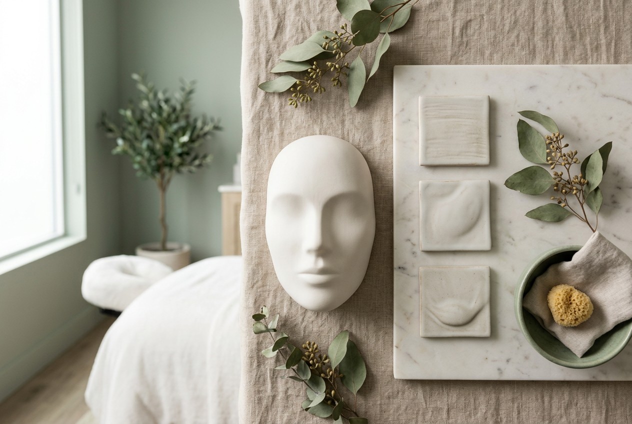 overhead med spa still-life illustrating treatment-area size: a smooth white facial contour sculpture beside three smaller ce