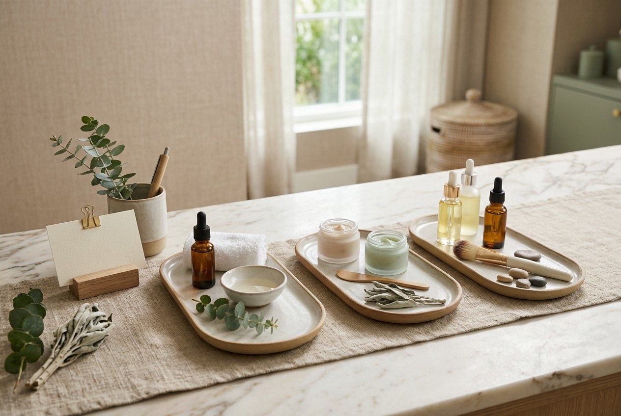 premium med spa consultation still-life: three elegant treatment trays subtly representing a single session, separate facial