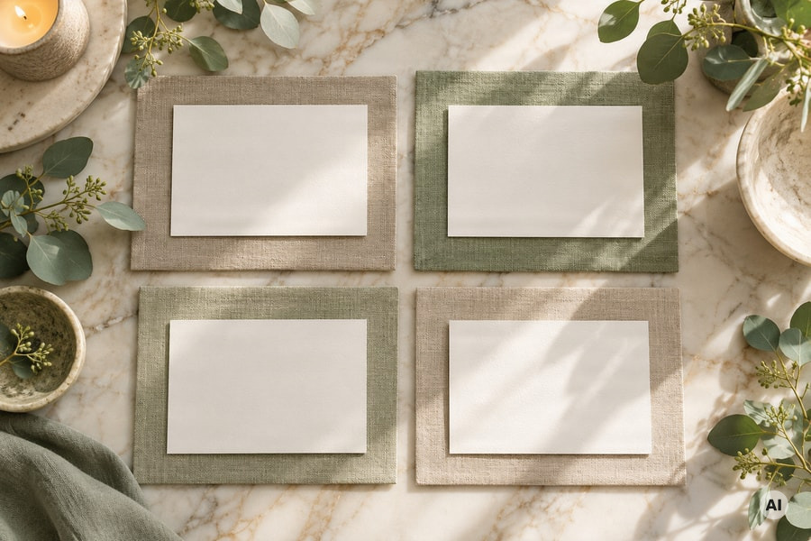 overhead view of a serene med spa consultation table, four blank comparison cards arranged separately on individual linen - AI-generated image