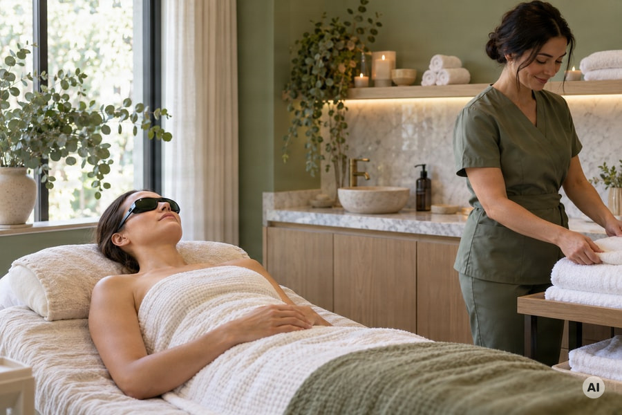 med spa appointment scene: a relaxed client reclining on a warm linen treatment bed, wearing protective goggles - AI-generated image