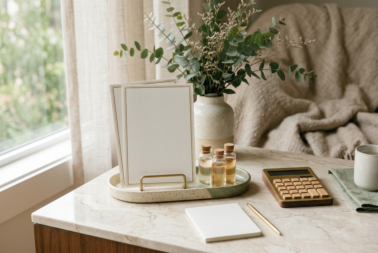 med spa pricing consultation still-life: elegant treatment menu cards with blank surfaces, small cosmetic product vials witho