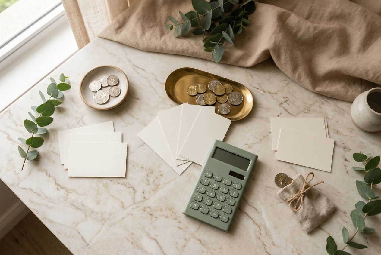 overhead still-life of three elegant lip flip budgeting scenarios represented by neatly grouped blank appointment cards, subt
