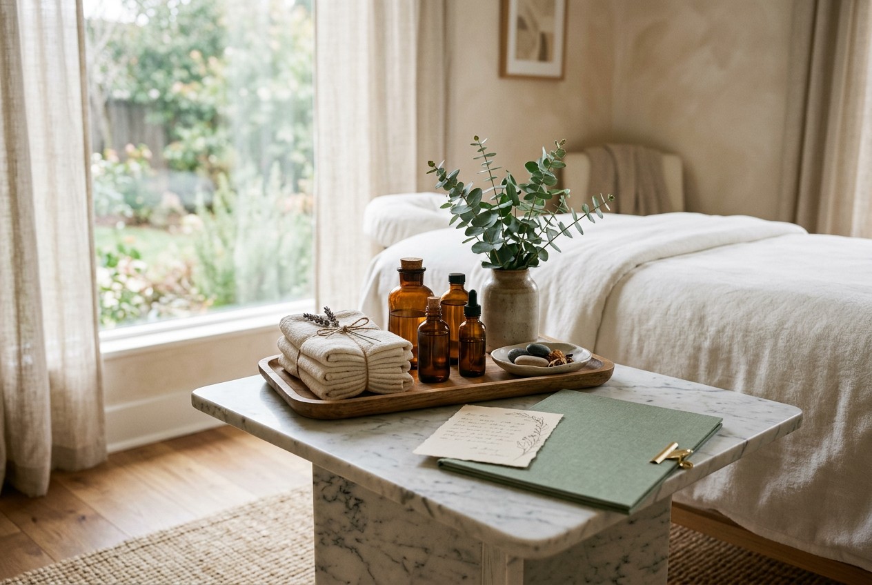 A serene med spa treatment room bathed in soft window light: a marble side table holding a neatly arranged tray of folded war