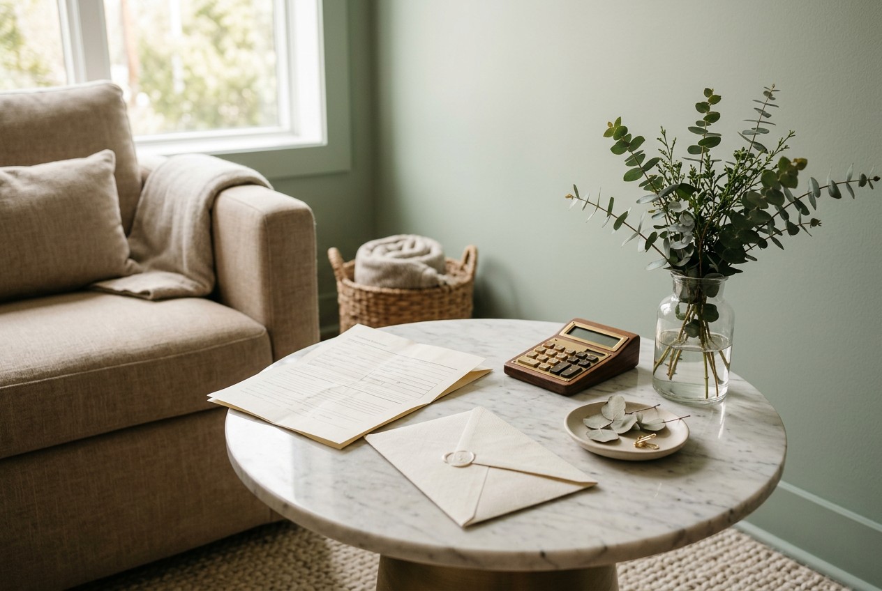 A serene med spa consultation corner: a marble side table holding a folded insurance document beside a linen envelope, calcul