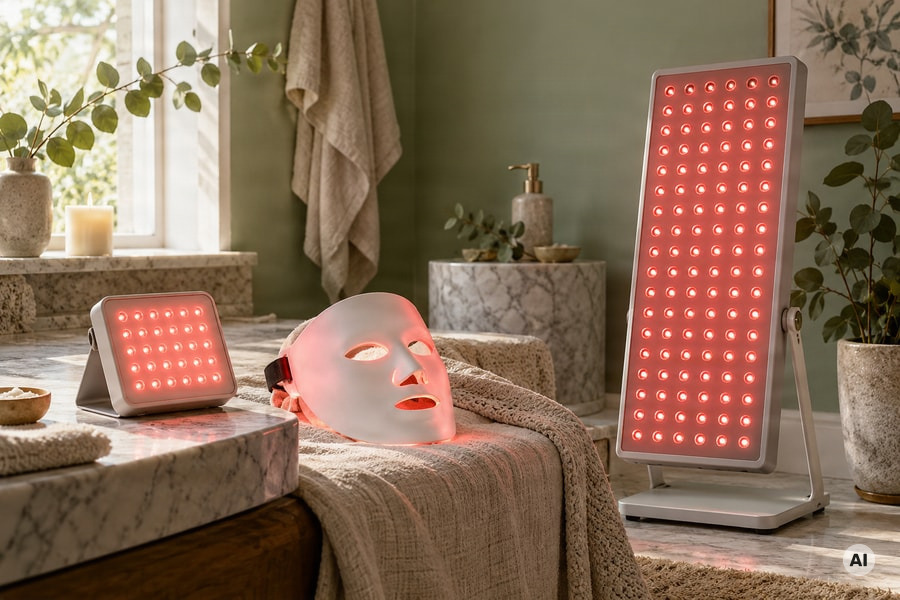 still life comparing home red light therapy formats: a compact tabletop panel, flexible LED skincare mask - AI-generated image