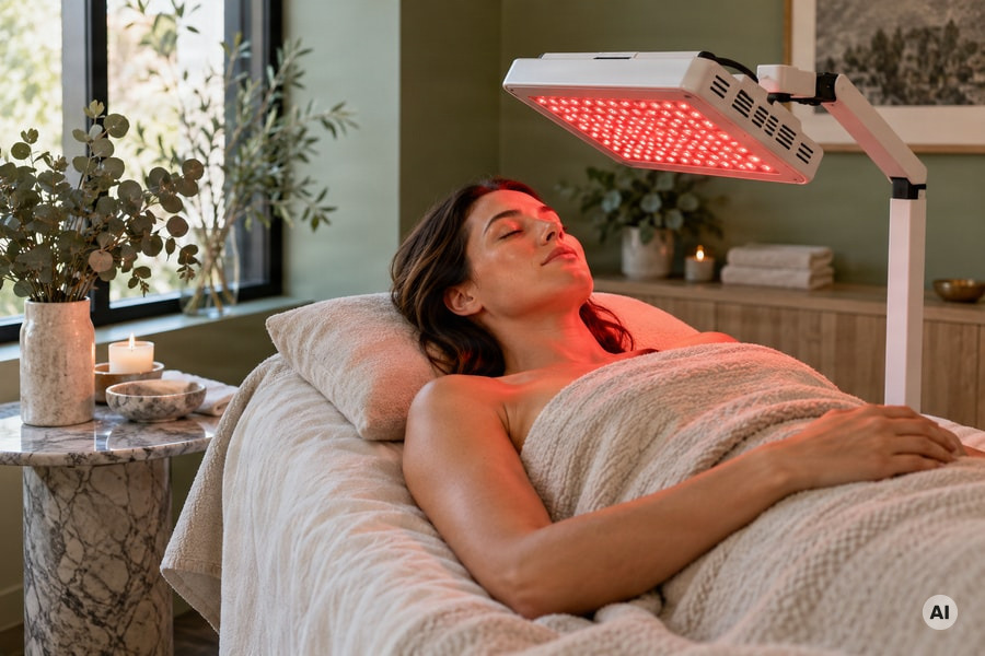 med spa scene at a first red light therapy appointment: a relaxed client reclines on a warm linen treatment bed beside an - AI-generated image