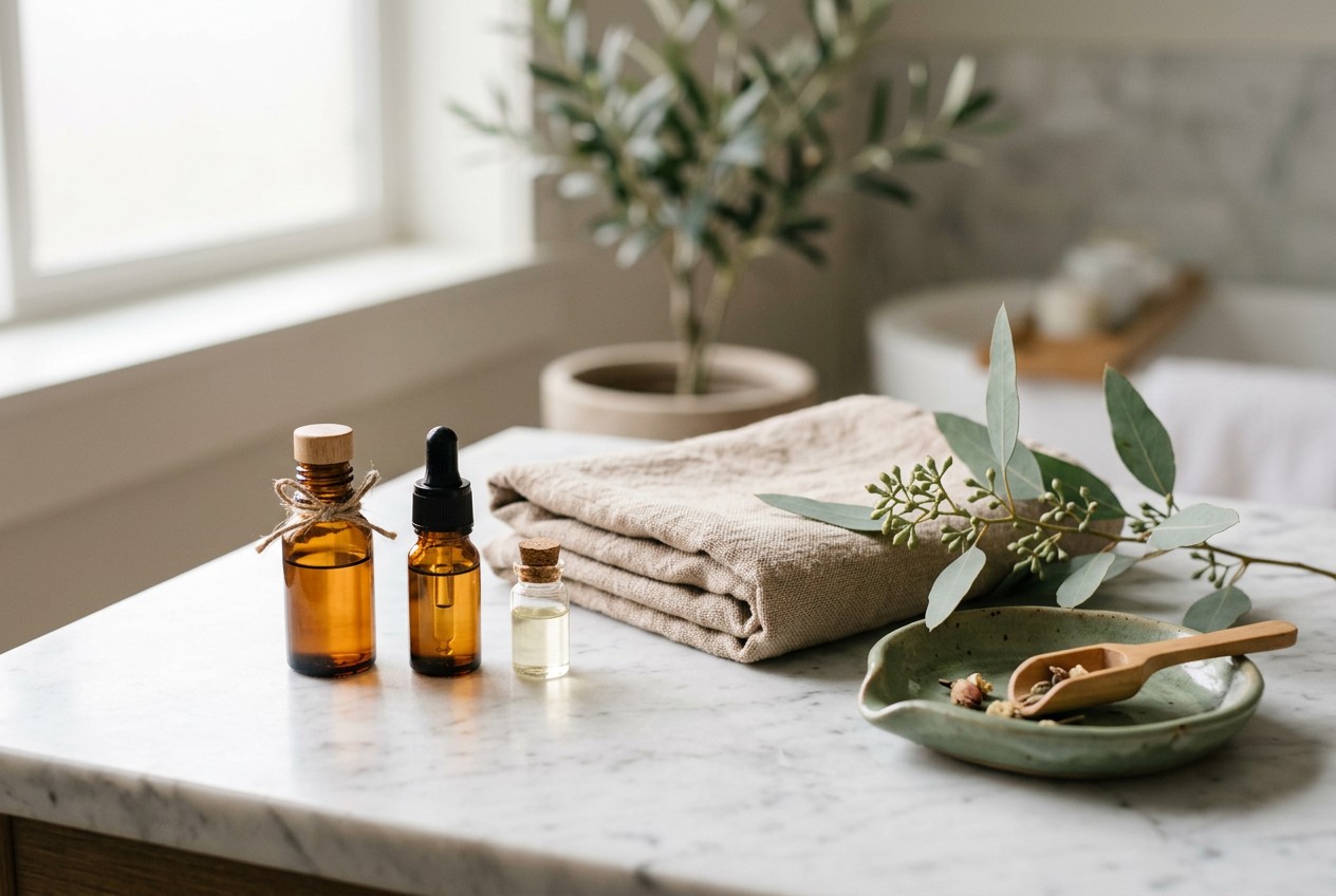 Serene med spa still-life on a marble countertop bathed in soft window light: three small amber glass vials of varying sizes