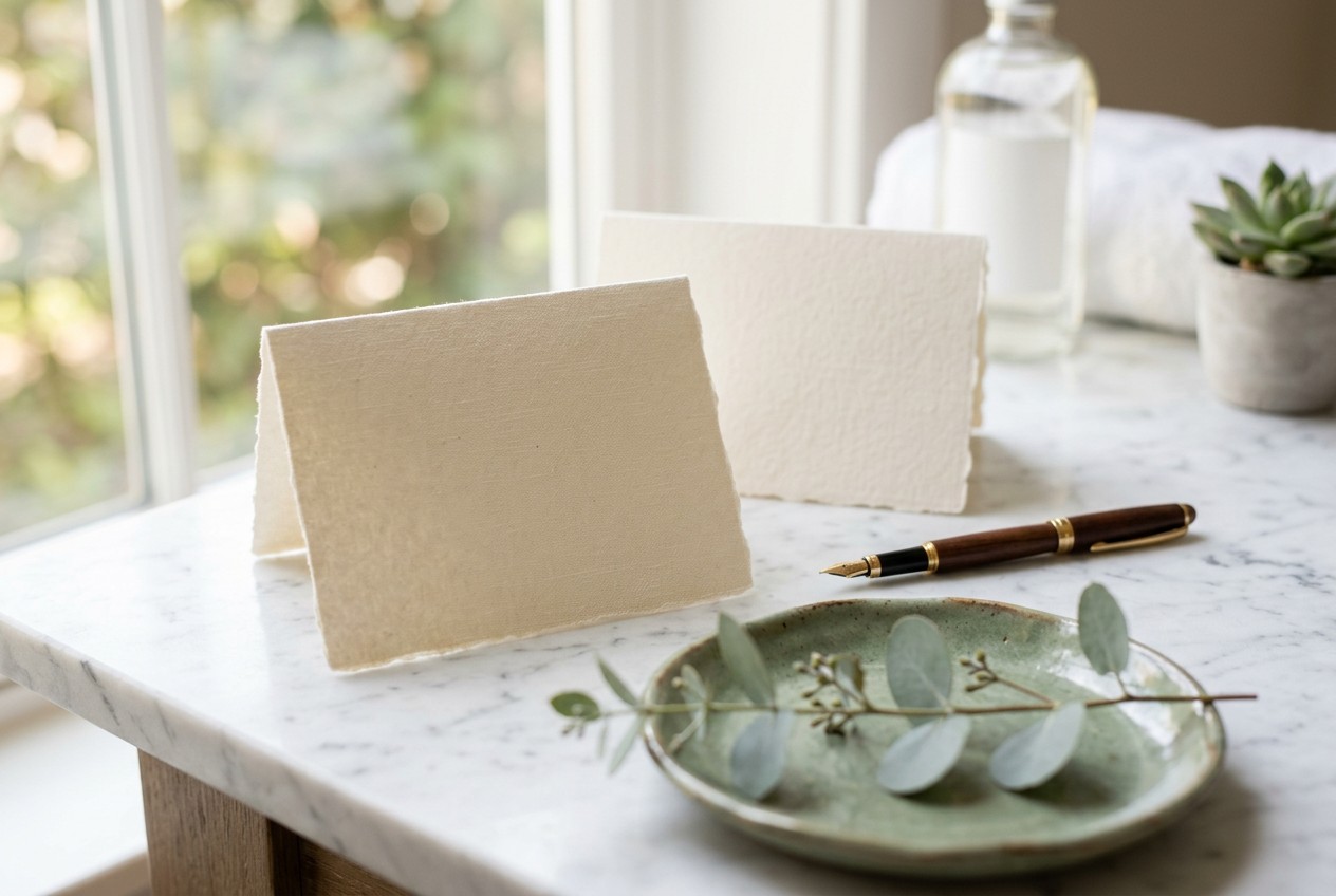 A tranquil med spa still-life on a marble countertop, two folded warm linen cards side by side in soft natural window light