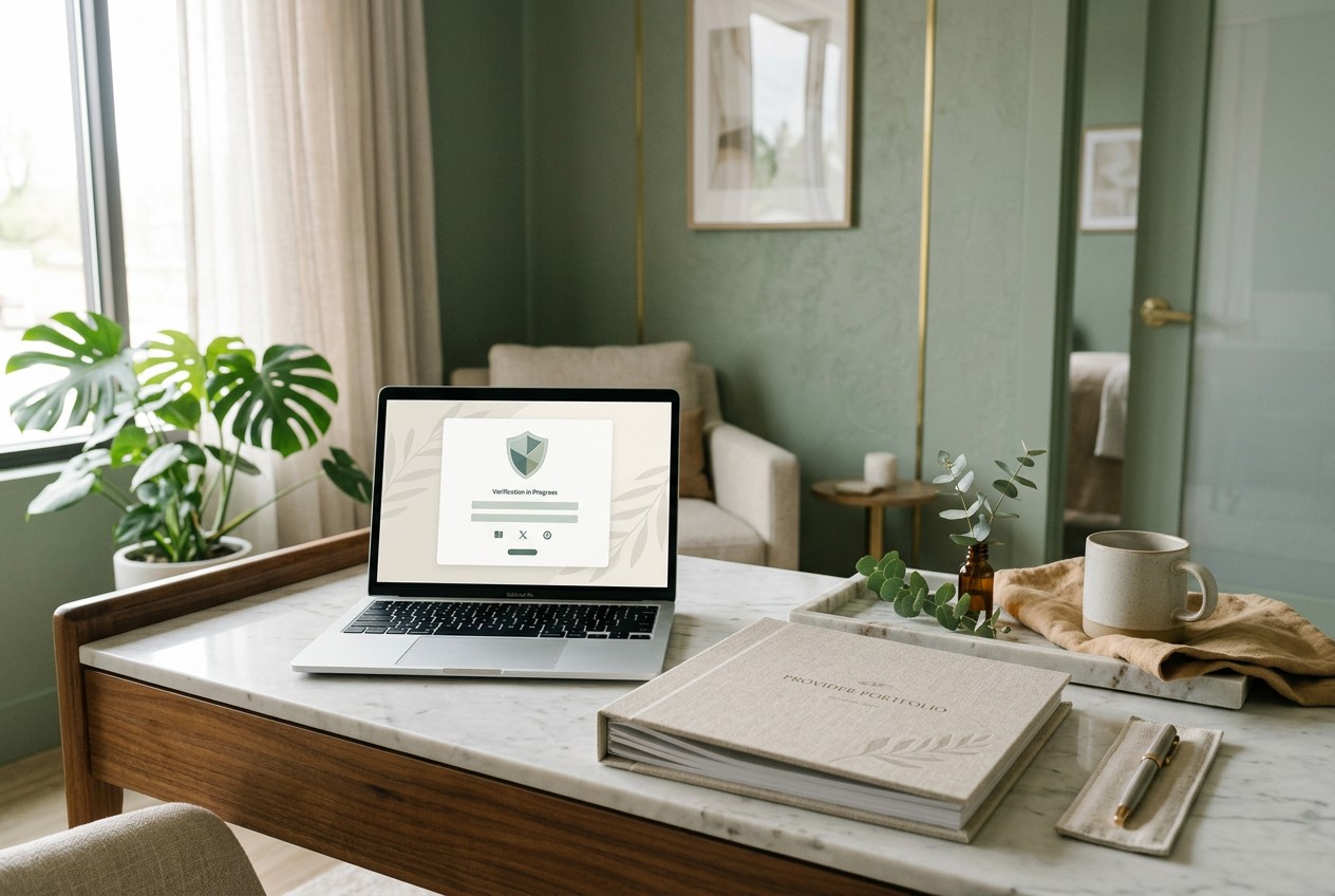 premium med spa consultation desk with an open laptop displaying an abstract credential verification page without readable te