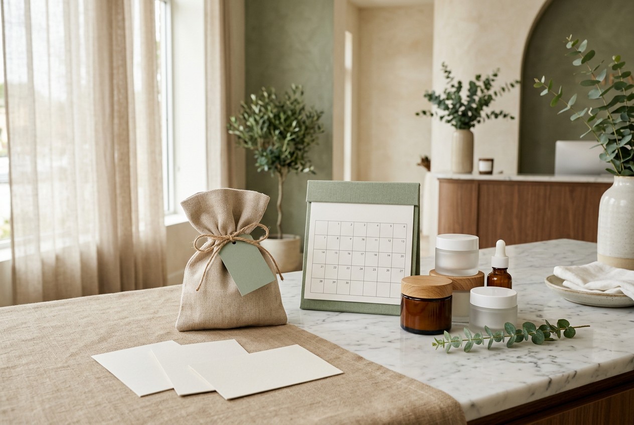 med spa reception still-life featuring three blank membership cards, elegant unbranded skincare jars, a linen gift pouch, and