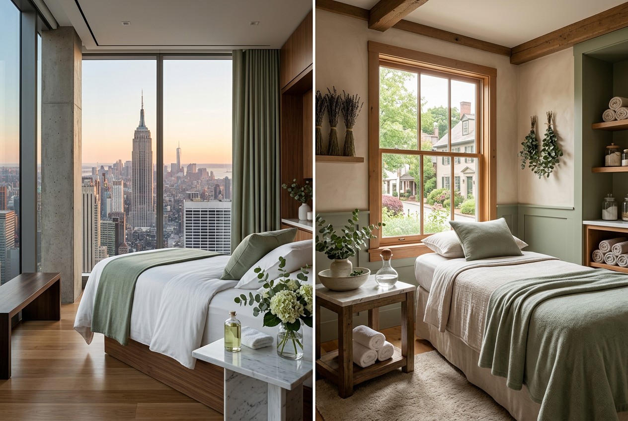 diptych of two serene med spa interiors: a sleek high-rise city treatment room overlooking Manhattan beside a cozy small-town