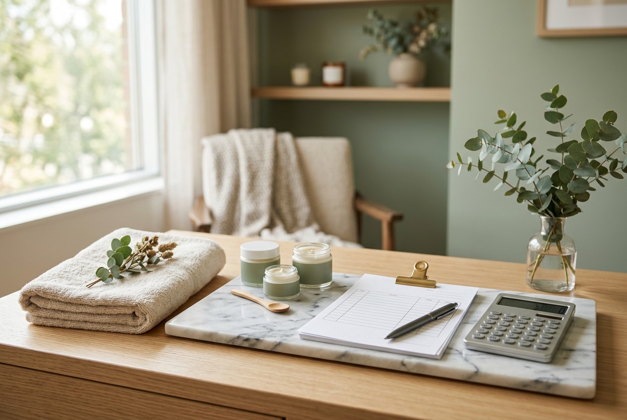 med spa consultation desk with blank itemized estimate sheets, a sleek calculator, skincare jars, folded warm linen, marble t
