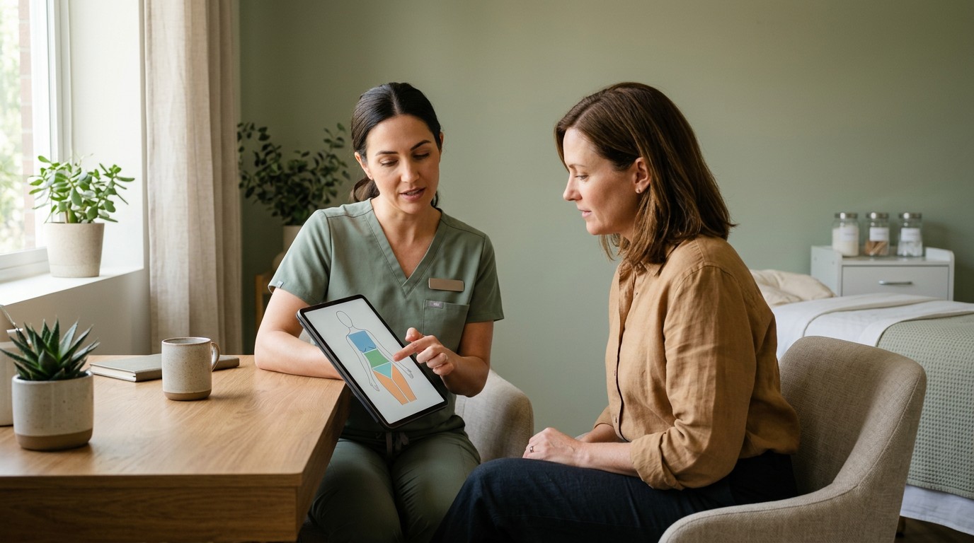 Licensed provider reviewing a body-contouring treatment map with a client in a modern consultation room