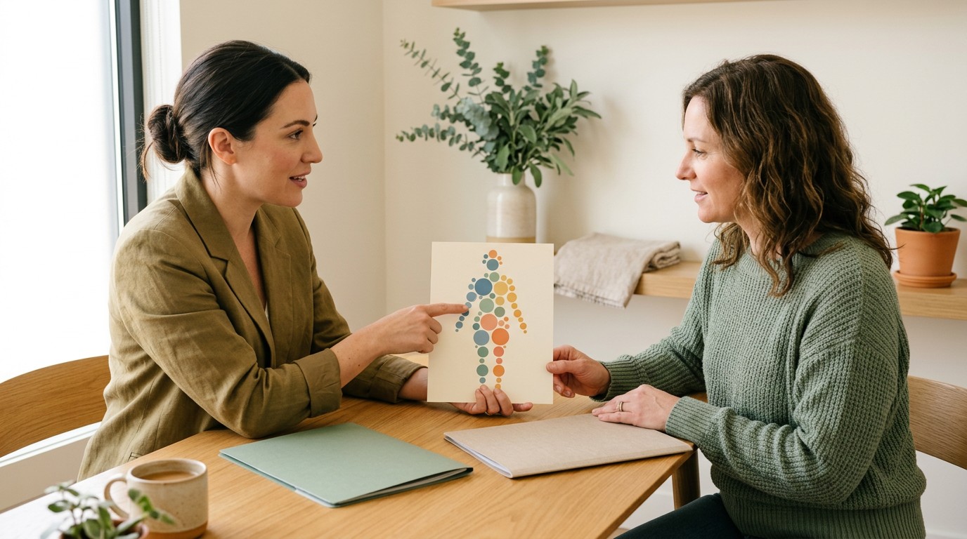 Client and med spa consultant reviewing an abstract body-area map at a bright consultation desk